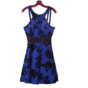 City Studio Blue Black Floral Fit Flare Dress Size 11 Hoco Fairy Whimsy Goth